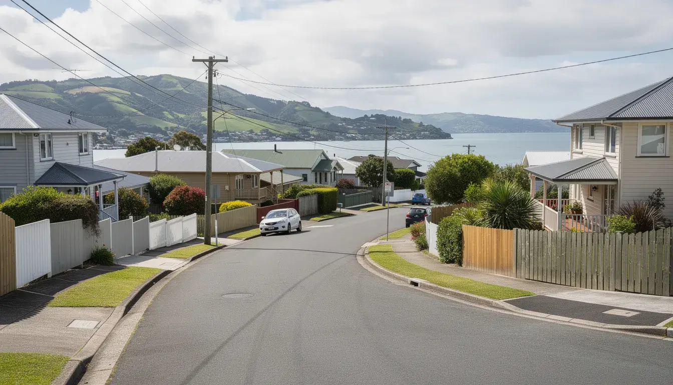 The image depicts a suburban street in Wellington, showcasing several residential properties with timber boundary fences that define property boundaries. These existing fences contribute to the aesthetic appeal of the neighborhood while ensuring compliance with local council regulations.